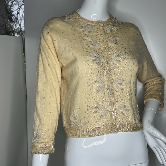 Moores Sz S Cashmere Beaded Vintage Cardigan Sweater Silk Lined Pearl Buttons - Picture 1 of 12